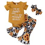 Baby Girl Clothes Set Daddy Mommy Ruffle Short Sleeve Romper + Flowers Flares Pants + DIY Headband Girls Outfit Clothing Set (3Pcs Brown Sun Flower Flare Pants, 6-12 Months)