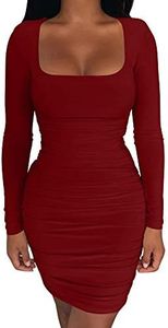 Kaximil Women's Sexy Bodycon Ruched Mini Club Dress Long Sleeve Basic Casual Dresses,X-Large,Wine Red