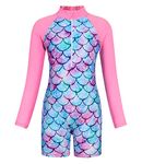 AmzBarley Girls Swimming Costume Kids One Piece Swimsuit Mermaid Swimwear Zipper Bathing Suit UV Protection Long Sleeve Surfing Swimming Pink Age 3-4 Years Size 110