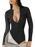 CAIYING Bodysuits for Women Sexy Deep V Neck Zip Up Bodysuit Ribbed Long Sleeve One Piece Bodysuit Tops (Black, Large)