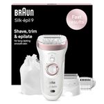 Braun Silk-épil 9 Epilator, With Shaver & Trimmer Head, Shave, Trim & Epilate For Long-Lasting Smooth Skin, Provides Smooth Skin For Weeks, 100% Waterproof, 2 Pin Bathroom Plug, 9-720, White/Pink