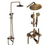 NeierThodore Antique Brass 8-Inch Bathroom Shower Faucet System Rainfall Shower Head Wall-Mounted Dual Cross Handle Bathtub Shower Mixer Tap with Hand Sprayer