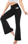 YOLIX Flare Leggings for Women with Pockets - Crossover High Waisted Black Flared Leggings for Yoga Gym Workout