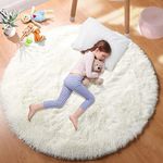 PAGISOFE Cream White Round Rug Circle Rugs 4 x 4 ft Small Fluffy Shaggy Carpets and Rugs for Girls Boys Baby Kids Bedroom Furry Comfy Teepee Mats Circular Rugs for Reading Area Nursery Room