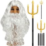 Wig and Beard Set Trident Santa Hair Beard Fancy Dress Costume Halloween Cosplay Golden Spear Prop Weapon Staff Accessories for Teens and Adults