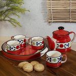 HS Hindustani Saudagar Handpainted Tea Kettle Set with 4 Cups & Tray, Red & Blue, Kettle 575 ml with 120ml tea cups