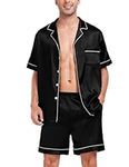 SWOMOG Mens Silk Pajamas Sets Short Sleeve Satin Loungewear Button-Down Sleepwear Two-Pieces PJs Sets with Shorts Black