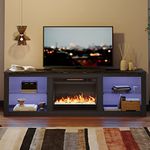 Bestier Fireplace TV Stand for TVs 75 inch TV with 23 inch Electric Fireplace, 70 inch Entertainment Center for Living Room with LED Light Glass Shelves Black Marble