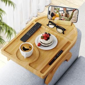 Wisreach Bamboo Sofa Tray Table, Clip-On Tray Sofa Table - 15” L x 10.2” W, Anti-Slip Sofa Armrest Tray Table with 360° Phone Holder, Couch Arm Table for Eating, Drinks, Snacks, Remote, and Pen