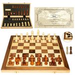Kovend Wood Chess Set 15 Inch - Includes Premium Inlaid Board Staunton Handcrafted Wooden Chess Pieces Bonus Checkers Game Pieces Extra Queens for Pawn Promotion Convenient Accessory Storage Travel