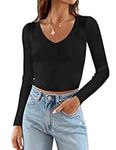 LACOZY V Neck Sweaters for Women Fall Clothing Trendy 2024 Long Sleeve Crop Top Knit Pullover Sweater Outfits Black M