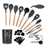 ONATISMAGIN Kitchen Utensils Set, 35pcs Non-Stick Silicone Cooking Utensils Set, Heat Resistance Cooking Tools, Kitchen Tools Gadgets Accessories, Spoons Spatula Set with Wooden Handle (Dark Grey)