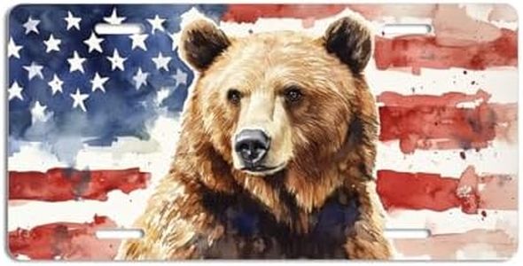 NGZ Bear License Plate, Funny Pet American Flag Painting Aluminum License Plate Suitable for Car, RVs, Bars, Fences, garages, etc. 12x6 Inch