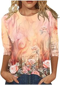 Womens Tops 3/4 Length Sleeves Womens Tops Dressy Casual 3/4 Sleeve Crew Neck T-Shirts Blouses Floral Work Shirts Graphic Tees Loose Shirts Pink Medium