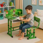 TOBY Baby Premium Cartoon Printed Kids Study Table and Chair Set Height Adjustable | MDF I Multifunctional Printed Children's Writing Table and Chair (Green)