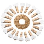 100 x Wooden Clothes Pegs Mini Wooden Photo Clips 3.5 cm with 30 m Jute Twine for Photos, Decoration, Hobbies (White)