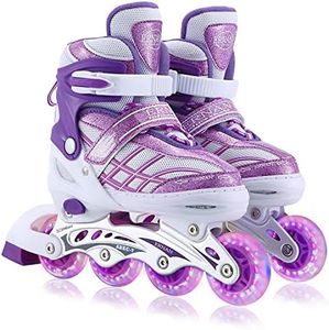 Kids Inline Skates for Girls Boys Beginners Adjustable, All 8 Wheels Illuminating. (Purple, Small (12J-2))