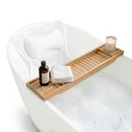 Foxence Restore Bath Pillow & Bamboo Bath Tray Set – Luxury Bathtub Tray with Ergonomic Head, Neck & Back Support Cushion, 6 Non-Slip Suction Cups, Fits Most Baths, Home Spa Relaxation Gift Set