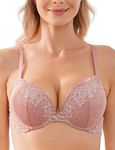 WingsLove Women's Push up Bra Floral Lace Padded Underwire Bra Demi Plunge Rose Pink