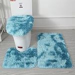 Lifup 3 PCS Non Slip Shaggy Bathroom Rug Set, U-Shaped Contour Toilet Rug Water Absorbent Bathroom Mat Toilet Lid Cover Tie Dyed Blue 2