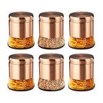 Amazon Brand - Solimo Rose Gold Bell Bottom Glass Jar | Multipurpose Kitchen Organizer with See-Through Window | 880 ml Set of 6