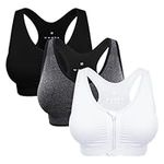 Women's Zip Front Sports Bra Wireless Post-Surgery Bra Active Yoga Sports Bras, 3 Pack(black+white+grey), X-Large