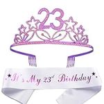 23rd Birthday Sash and Tiara for Women - Fabulous Set: Glitter Sash + Stars Rhinestone Purple Premium Metal Tiara for Women, 23rd Birthday Gifts for 23rd Birthday Party