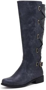 Syktkmx Womens Strappy Motorcycle Knee High Boots Winter Lace Up Riding Flat Low Heel Shoes, Navy, Size 8