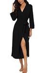 VINTATRE Women Kimono Robes Long Knit Bathrobe Lightweight Soft Knit Sleepwear Long Robe WomanV-neck Casual Ladies Loungewear Black-Medium