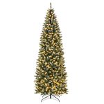 Goplus 9ft Pre-Lit Artificial Pencil Christmas Tree, Hinged Slim Xmas Tree with 500 Warm-White LED Lights, 1298 Snowy Branch Tips, Foldable Metal Stand, Indoor Festive Holiday Decor for Office Home