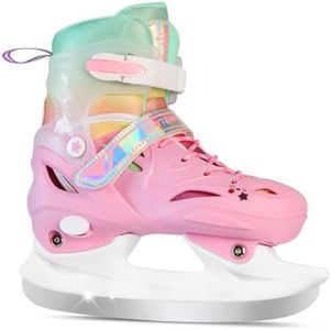 LEVYTEMP Adjustable Girls Ice Skates for Kids Youth Ages 5-12 - Pink Ice Skating Shoes - Size Medium US 1-4 - Hard-Shell Outer Boot - Hockey Lace-Up Skates for Beginners.