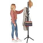 High-Grade Wooden Tree Coat Rack Stand, 6 Hooks - Super Easy Assembly NO Tools Required - 3 Adjustable Sizes Free Standing Coat Stand, Hallway Coat Hanger Hat Stand, for Handbag, Clothes & Accessories