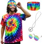 XonyiCos Hippie Costume for Men Women 60s and 70s colorful T-shirt sunglasses headband Peace necklace 4-piece theme party (Tie-dye 4 piece set, 3X-Large)