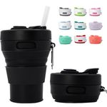 MOMAHUA 450ml/15oz Collapsible Coffee Cup with Lids,Black Silicone Portable Water Cups,Reusable Coffee Mug,Foldable Camping Travel Cup Fits in Your Pocket,Folding Mug Collapses to 6cm