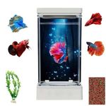 KSH STORE ®Square Betta Fish Tank Transparent Small Desktop Aquarium for Home and Living Room,with USB 7 Colour LED Light,Plant,Fish Food.Easy to Clean and Maintain | Mini Portable Fish Tank.White,1L