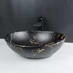 OUBONI Bathroom Vessel Sink,Black Vessel Sink,Oval Ceramic Vessel Sink with Waterfall Faucet and Pop-Up Drain,Bathroom Sink Above Counter,Artistic Boat Shape Vessel Sink Bowl,Marbling Pattern