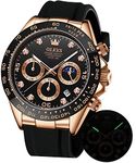 OLEVS Watches for Men Analog Quartz Chronograph Watch Moon Phase Waterproof Silicone Diamond Dress Luminous Easy Reader Wrist Watches Rose Gold Black Face