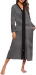 Ekouaer Women Zipper Robe Long Sleeve Loungewear Lightweight Housecoat Full Length Nightgown with Pockets (Black Stripes, XX-Large