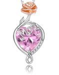 Guesma Silver Necklace for Mom - 10mm Rose Flower Pendant Necklace Heart Created Birthstone - Anniversary Birthday Gifts for Women, Sterling Silver, created pink tourmaline