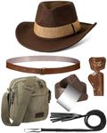 Bulyoou 6 Pcs Halloween Indiana Adventurer Costume for Men, Canvas Bag, Brown Adventurer Hat, Holster, Tactical Belt Accessories for Halloween Party, Brown