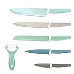 Navaris Knives Set 6 Pieces incl. Peeler - 5X Stainless Steel Kitchen Knives and 1x Ceramic Vegetable Peeler - Meat Knife Bread Knife - Multi-Colored