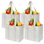 VENO 4 Pack Reusable Grocery Shopping Bag w/Hard Bottom for Trolley Cart, Heavy Duty Tote Bag for Life,Beach Bag, Multi-Purpose Water-Resistant (Beige, 4 Pack)