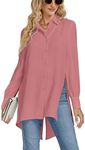 LYANER Women's Collar V Neck Split Hem Button Down Long Sleeve Long Shirt Blouse Tunic Top, Deep Pink, Small