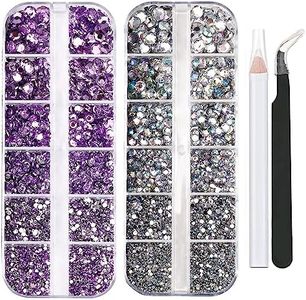 EYENICE 5320 Pieces Flat Back Gems Round Crystal Rhinestones 6 Sizes (1.5-6 mm) with Pick Up Tweezer and Rhinestones Picking Pen for Crafts Nail Face Art Clothes Shoes Bags DIY (Clear AB+Purple)