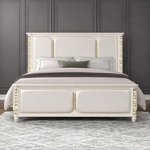 Star20XX Cinderella, King Bed Frame, Upholstered Bed, Beige LED Bed Frame, Traditional with Gold Accents, Padded Headboard and Footboard, Box Spring Required