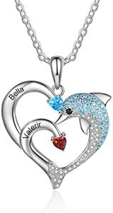 ALBERTBAND Collar Personalizado Delfines Forma de Corazón con 2-8 Nombres Colgante de Piedra Natal Grabada para Mujer Collar de Promesa Familiar para Joyería del día de San Valentín (2 names)