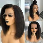 Fereowth Yaki Kinky Straight Wigs Human Hair 13x4 Lace Frontal Wig, 16Inch Afro Kinky Bob Wigs Pre Plucked 180% Density 100% Brazilian Hair Glueless Wigs for Women Perruque Femme Humain