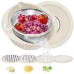 4 in 1 Colander with Mixing Bowl Set, Double-Layer Rotatable Colander Drain Basket with Lid and Slicer, Fruit Cleaner, Vegetable Washing, Rice Rinser Strainer for Homes Kitchen (Beige)