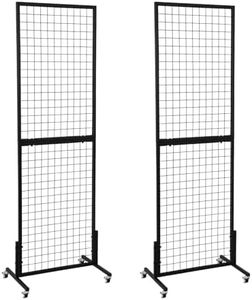OUDUCK 2 Packs 1.8' x 5.7' Grid Wall Panels Standing Wire Grid, Display Rack with T-Base Wheels Freestanding Gridwall Panel Tower for Shows, Black
