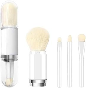 Small Makeup Brush Set - Lip Brush, Highlight Brush,Eyeshadow Brush,Foundation Blending Powder Brush - 4 in 1 Retractable Brushes for Precision Application and Flawless Makeup Travel-Friendly (White Silver)